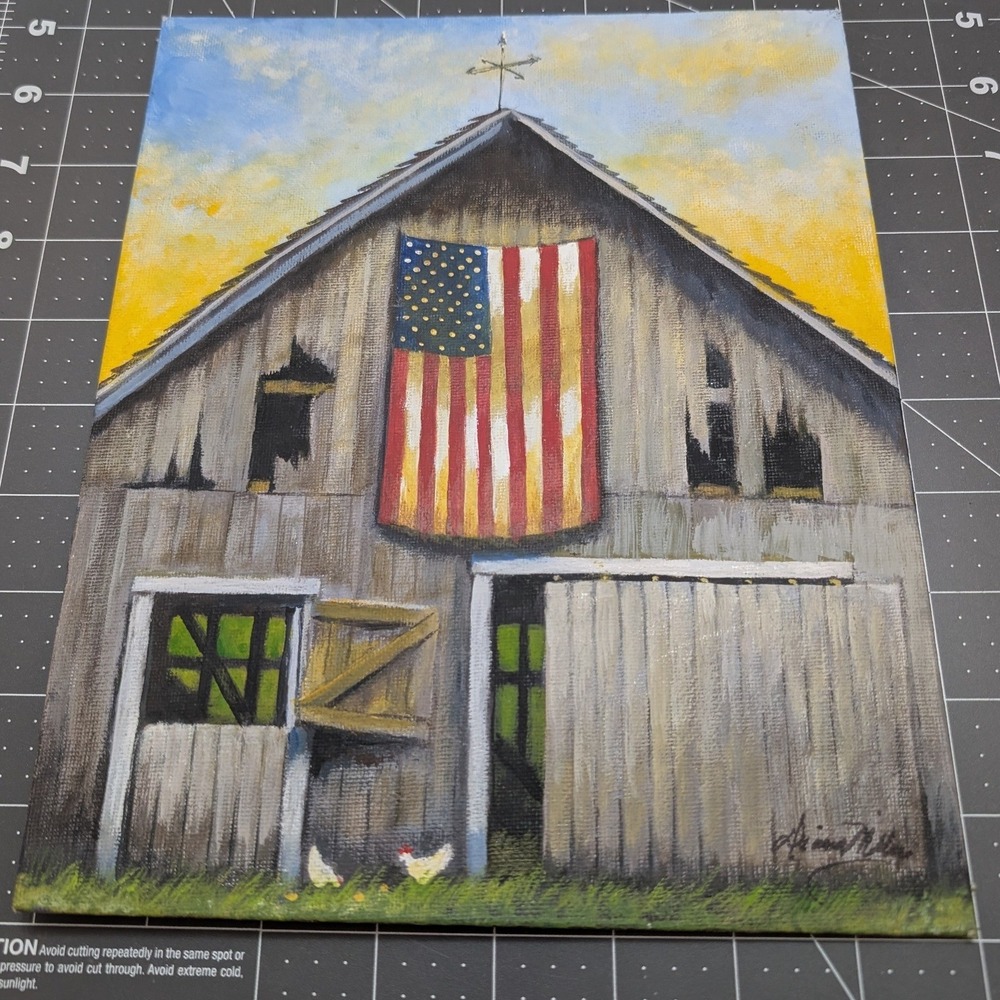 Painting Rustic Barn American Flag‎ chickens sunset Iowa signed 10x8 Americana
